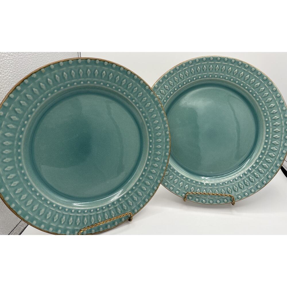 Tabletops Gallery Seafoam Diamonds and Dots with Brown Edge Dinner Plates 10”